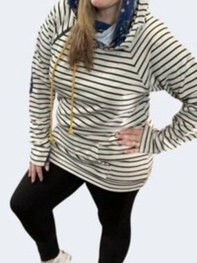 Michelle Mae Striped Cream and Black Hooded Pullover with floral accents